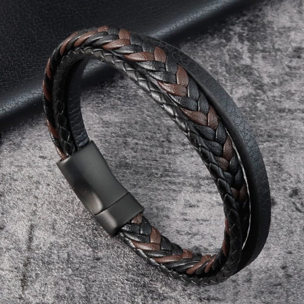 3 Strands Cowhide Leather Braided Bracelet Men's Bangle Titanium Magnetic Clasp
